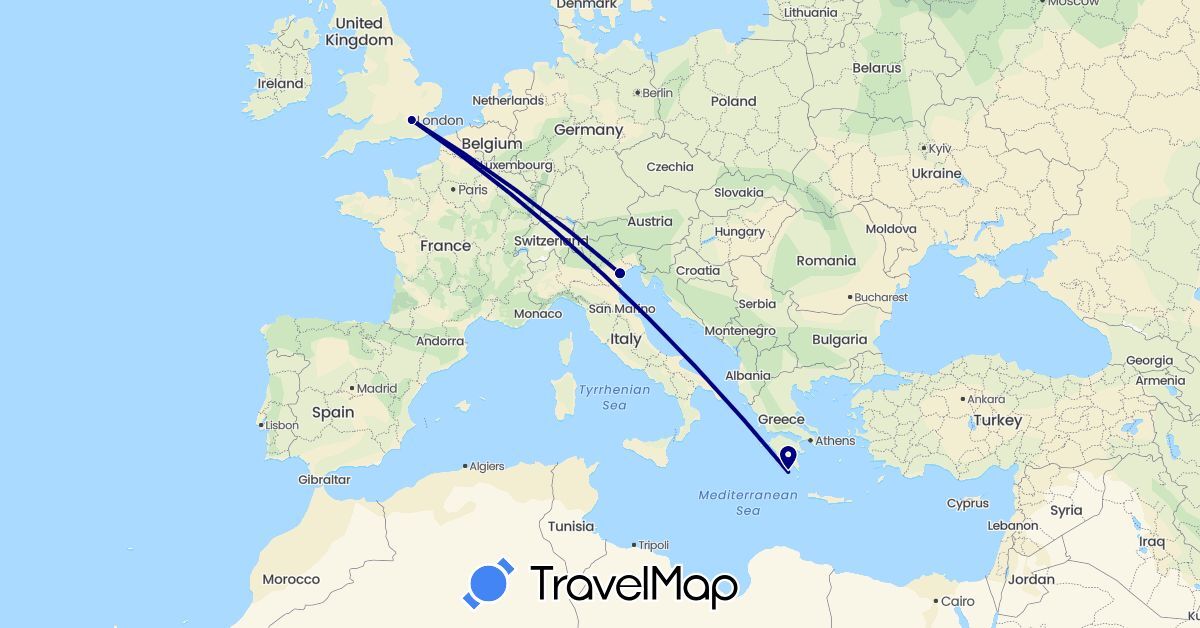 TravelMap itinerary: driving in United Kingdom, Greece, Italy (Europe)